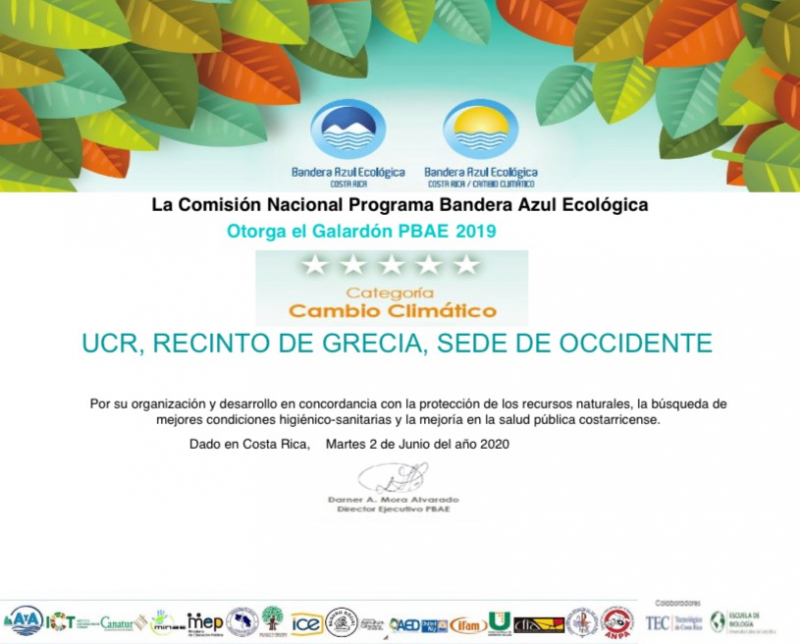 Certificado BAE Recinto de Grecia, categoría Cambio Climático 2019